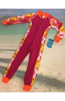 Sale Baby 6 months to  Child 5-7 year Stinger Suit - Fuchsia Body / Daisy Sleeves / Orange Trim